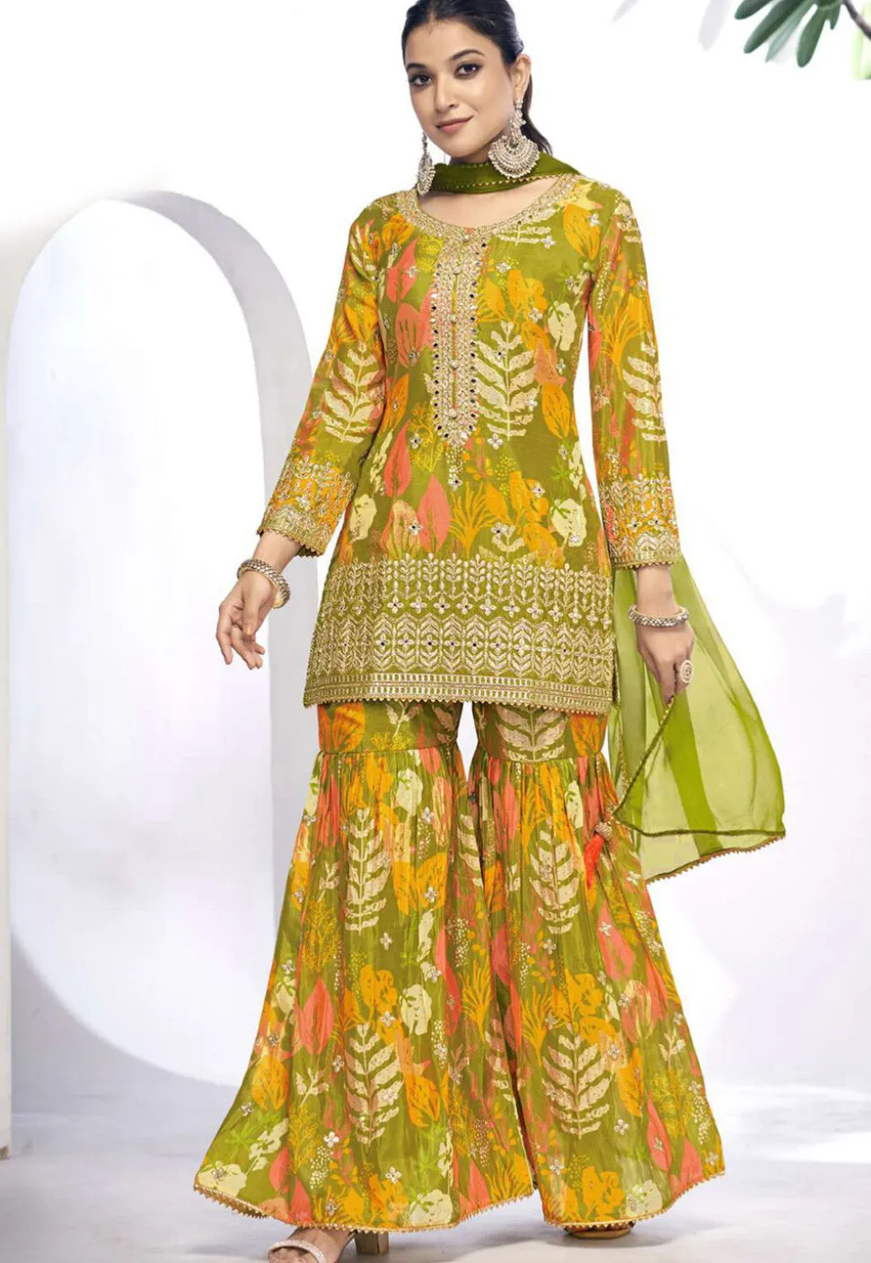 Digital Printed Chinon Chiffon Pakistani Suit in Olive Green