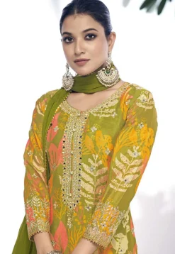 Digital Printed Chinon Chiffon Pakistani Suit in Olive Green