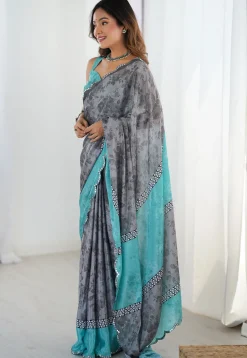 Digital Printed Chinon Chiffon Scalloped Saree in Grey