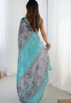 Digital Printed Chinon Chiffon Scalloped Saree in Grey