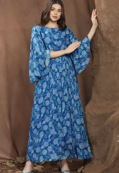 Digital Printed Chinon Chiffon Maxi Dress in Blue