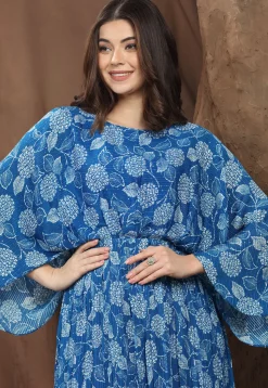 Digital Printed Chinon Chiffon Maxi Dress in Blue