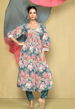 Digital Printed Chinon Chiffon A Line Suit in Teal Blue