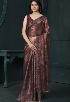 Digital Printed Chinon Chiffon Shimmer Saree in Maroon