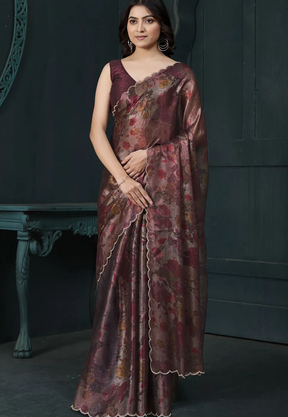 Digital Printed Chinon Chiffon Shimmer Saree in Maroon