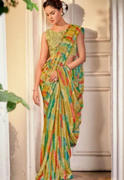 Digital Printed Chinon Chiffon Saree in Multicolor