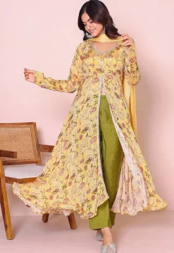 Digital Printed Chinon Chiffon Front Slit A Line Suit in Yellow