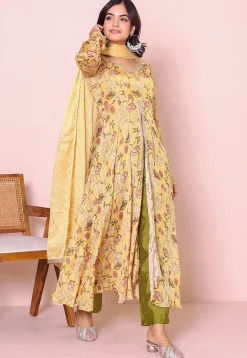 Digital Printed Chinon Chiffon Front Slit A Line Suit in Yellow
