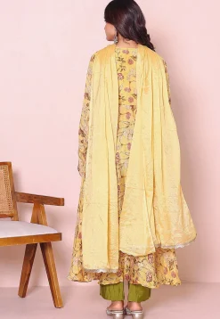 Digital Printed Chinon Chiffon Front Slit A Line Suit in Yellow