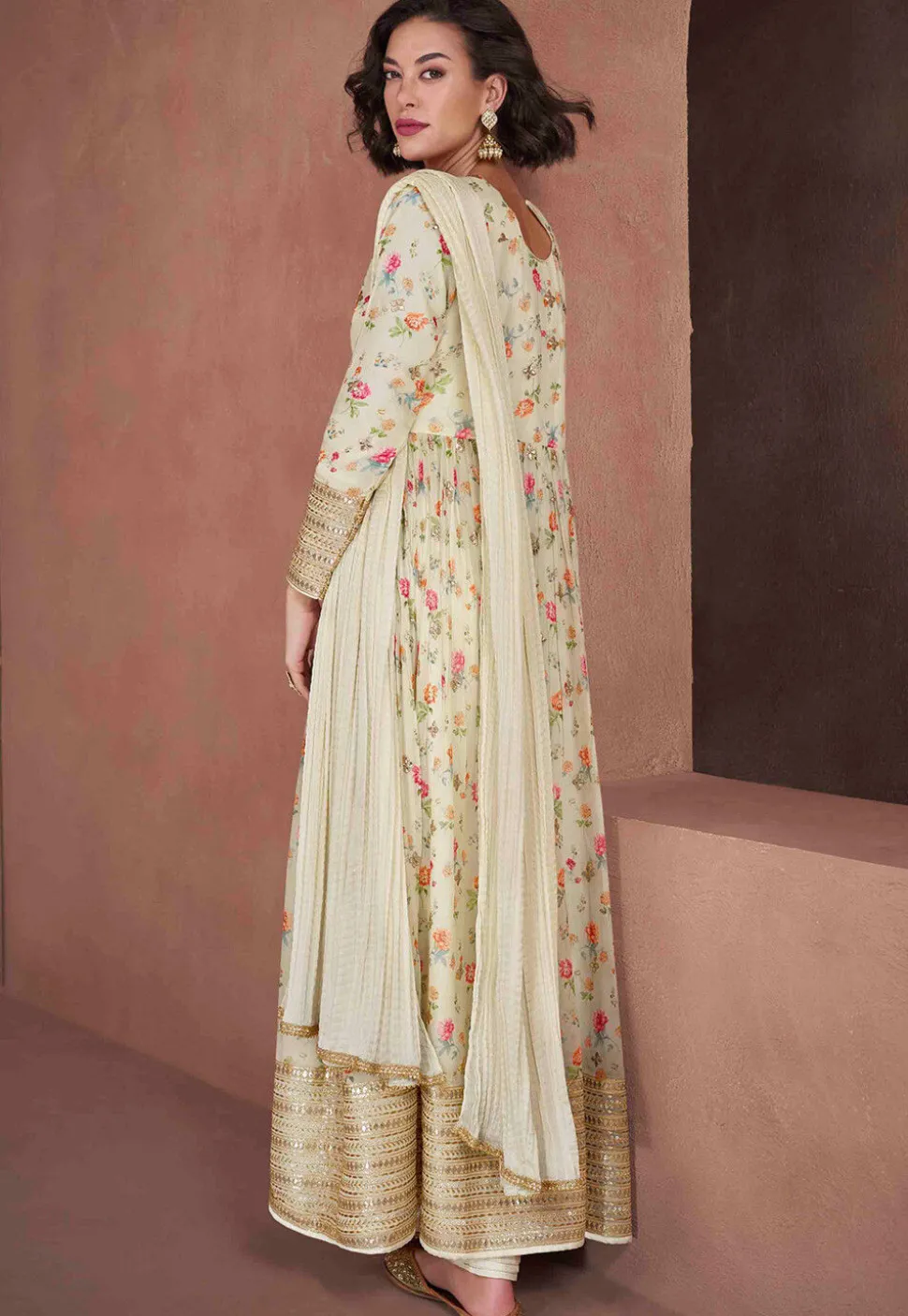 Digital Printed Chinon Chiffon Abaya Style Suit in Off White