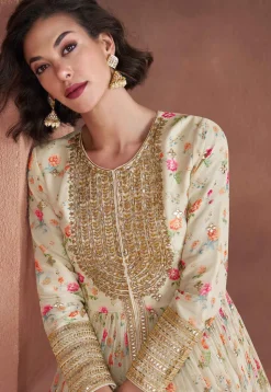 Digital Printed Chinon Chiffon Abaya Style Suit in Off White