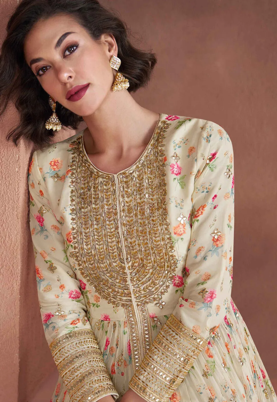 Digital Printed Chinon Chiffon Abaya Style Suit in Off White