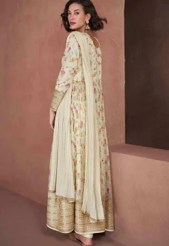 Digital Printed Chinon Chiffon Abaya Style Suit in Off White