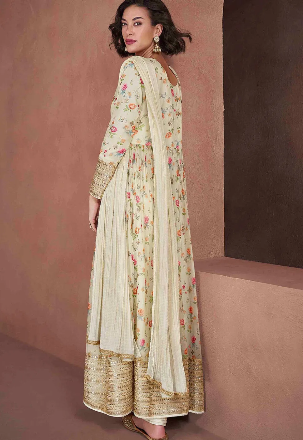 Digital Printed Chinon Chiffon Abaya Style Suit in Off White