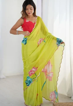 Digital Printed Chinon Chiffon Scalloped Saree in Light Green