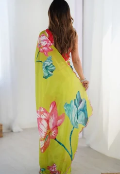 Digital Printed Chinon Chiffon Scalloped Saree in Light Green