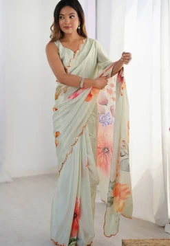 Digital Printed Chinon Chiffon Scalloped Saree in Pastel Green
