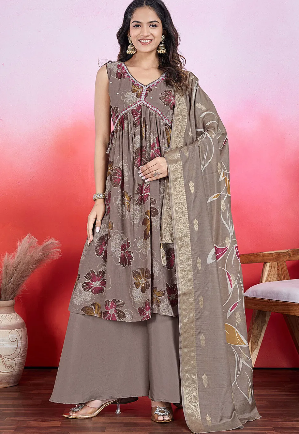 Digital Printed Chinon Chiffon A Line Suit in Fawn