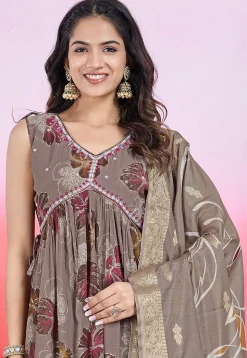 Digital Printed Chinon Chiffon A Line Suit in Fawn