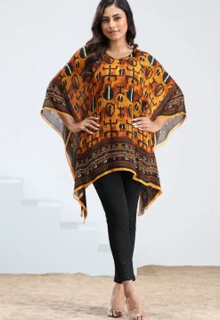 Digital Printed Chinon Chiffon Kaftan in Mustard