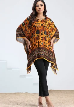 Digital Printed Chinon Chiffon Kaftan in Mustard