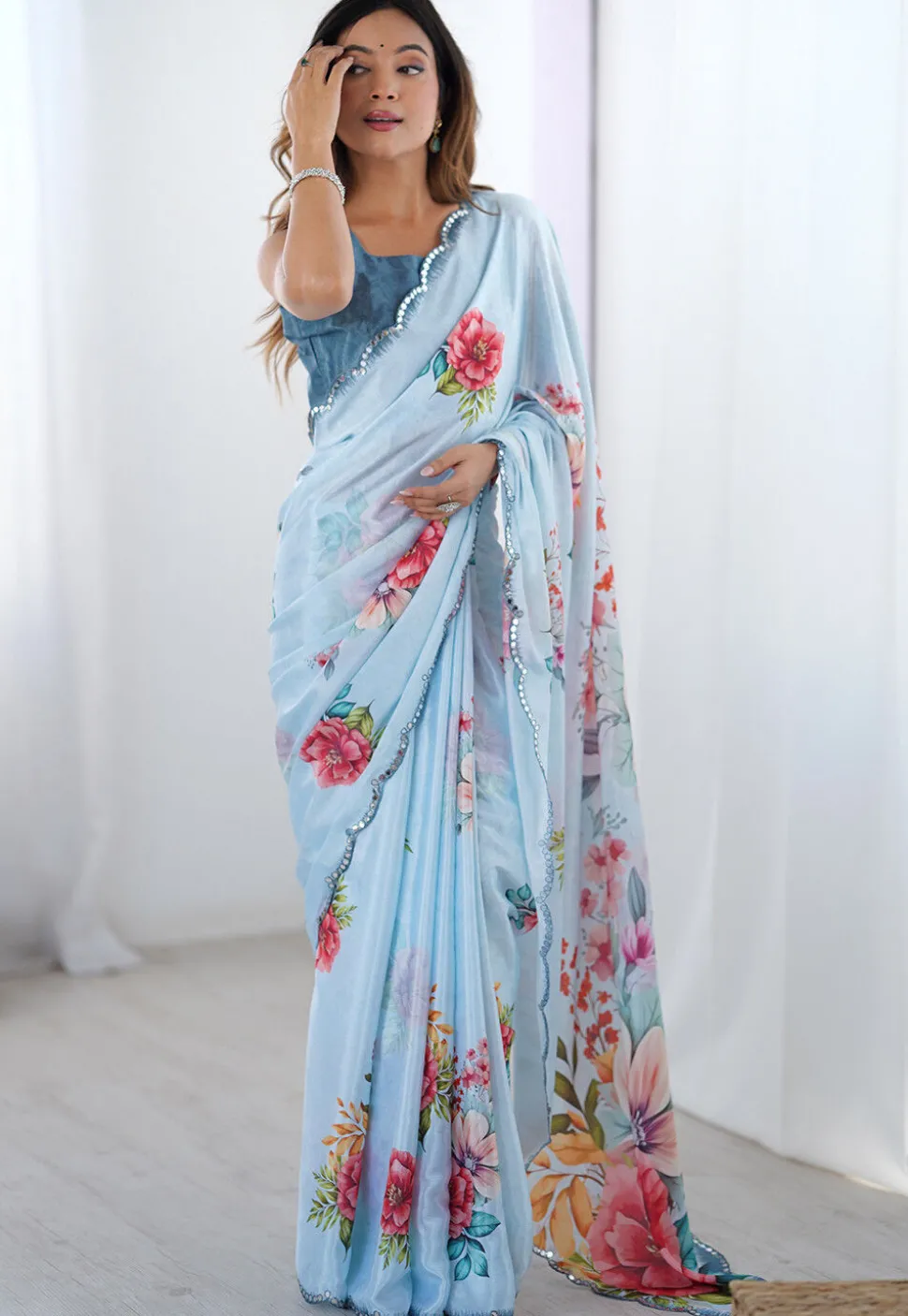 Digital Printed Chinon Chiffon Scalloped Saree in Blue