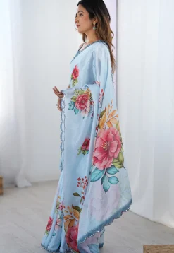 Digital Printed Chinon Chiffon Scalloped Saree in Blue