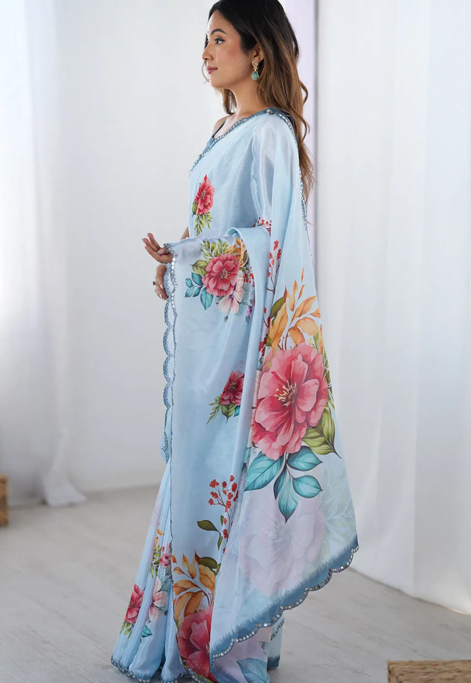 Digital Printed Chinon Chiffon Scalloped Saree in Blue