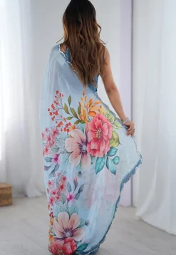 Digital Printed Chinon Chiffon Scalloped Saree in Blue