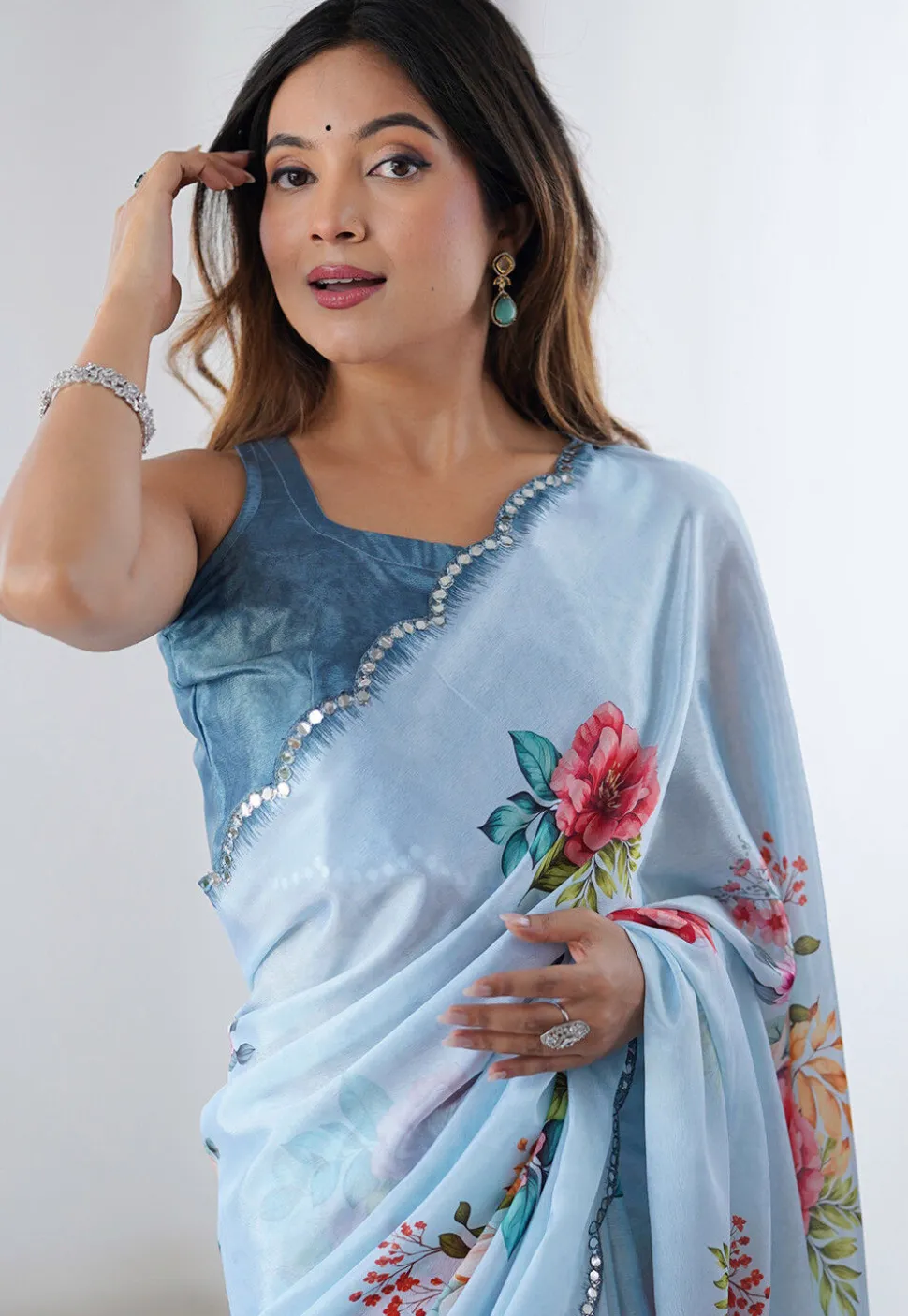 Digital Printed Chinon Chiffon Scalloped Saree in Blue
