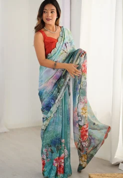 Digital Printed Chinon Chiffon Scalloped Saree in Blue Ombre