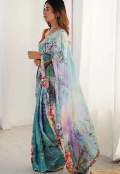 Digital Printed Chinon Chiffon Scalloped Saree in Blue Ombre
