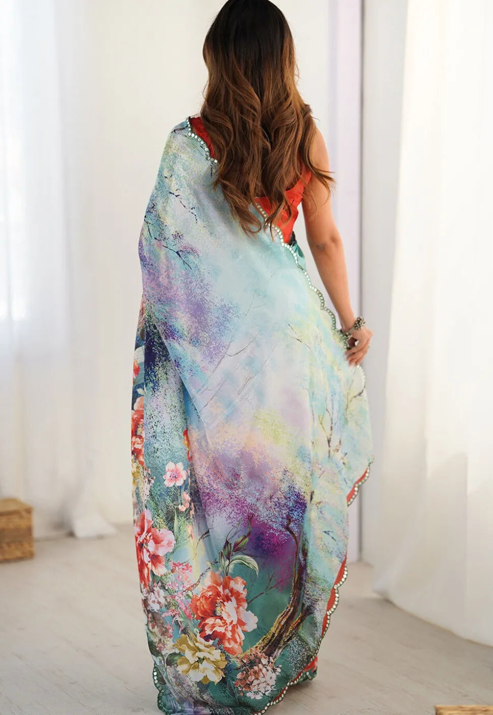 Digital Printed Chinon Chiffon Scalloped Saree in Blue Ombre