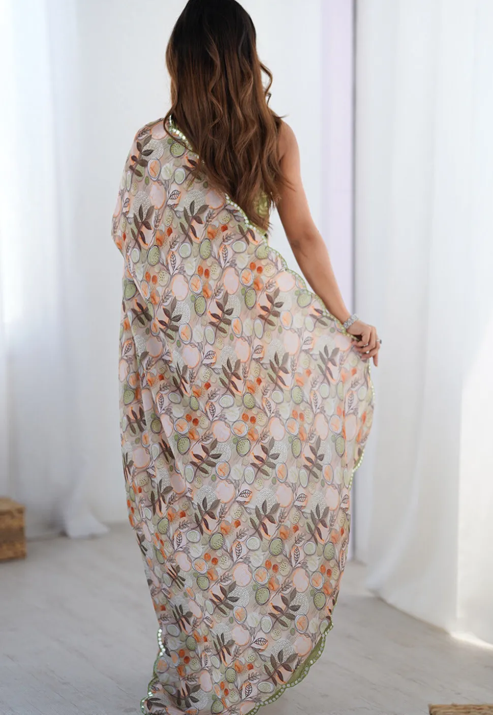 Digital Printed Chinon Chiffon Scalloped Saree in Peach