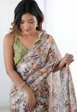 Digital Printed Chinon Chiffon Scalloped Saree in Peach
