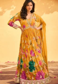 Digital Printed Chinon Chiffon Abaya Style Suit in Mustard