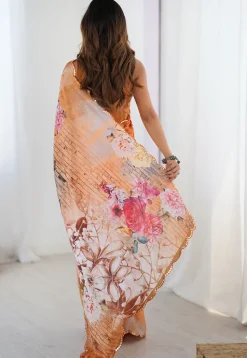 Digital Printed Chinon Chiffon Scalloped Saree in Light Orange