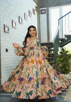 Digital Printed Chinon Chiffon Gown in Peach