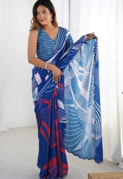 Digital Printed Chinon Chiffon Scalloped Saree in Blue