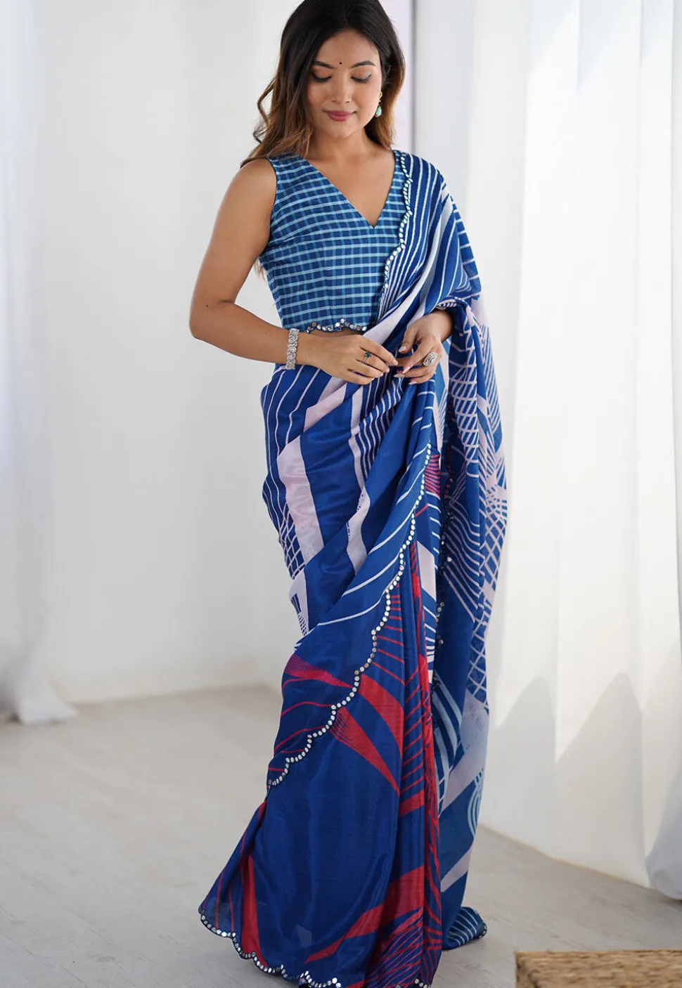 Digital Printed Chinon Chiffon Scalloped Saree in Blue