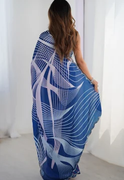 Digital Printed Chinon Chiffon Scalloped Saree in Blue