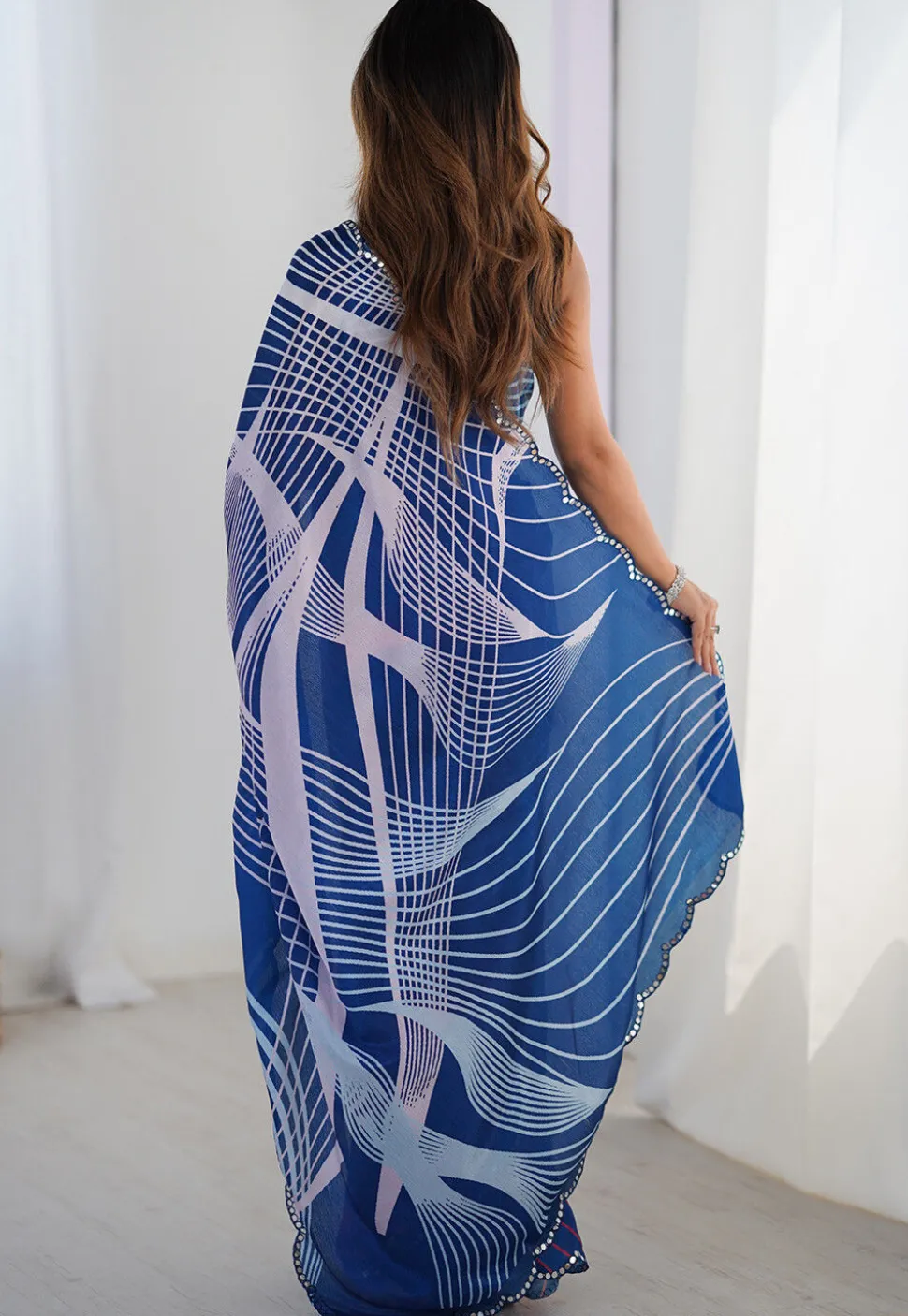 Digital Printed Chinon Chiffon Scalloped Saree in Blue