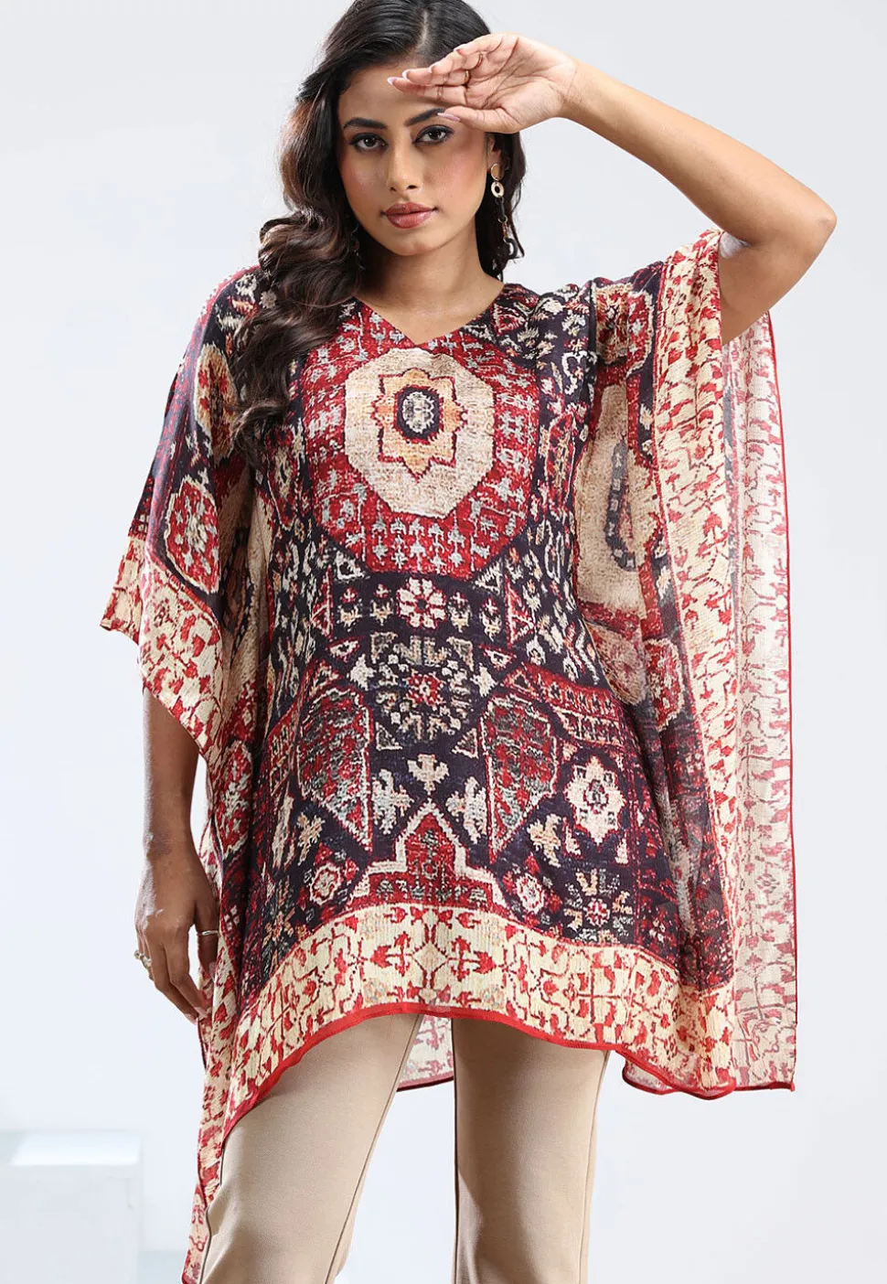 Digital Printed Chinon Chiffon Kaftan in Multicolor