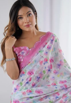 Digital Printed Chinon Chiffon Scalloped Saree in Off White