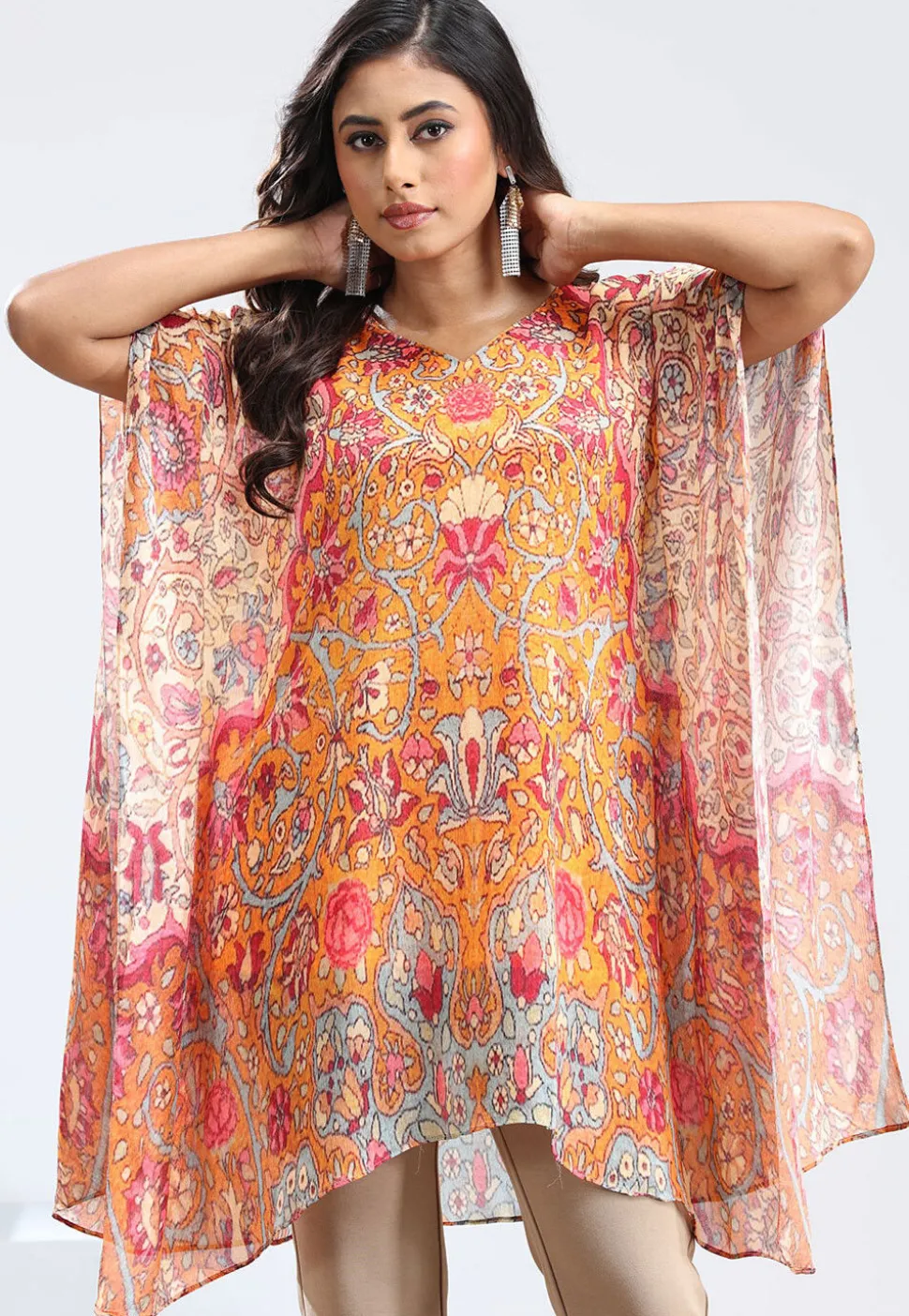 Digital Printed Chinon Chiffon Kaftan in Orange