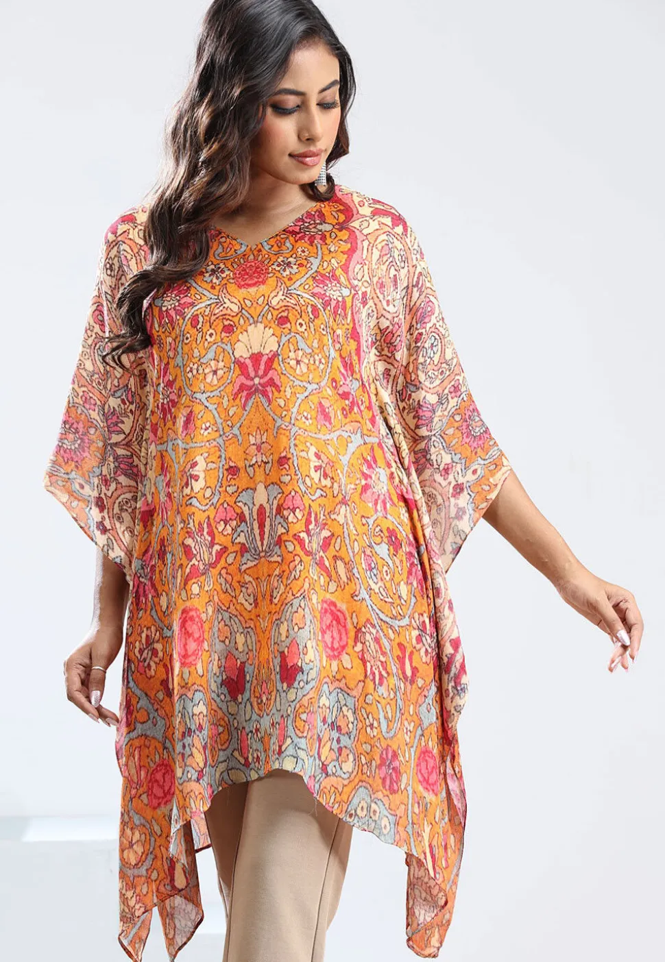 Digital Printed Chinon Chiffon Kaftan in Orange