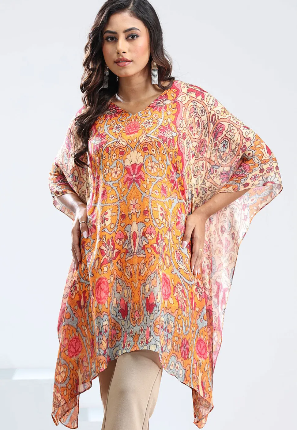 Digital Printed Chinon Chiffon Kaftan in Orange