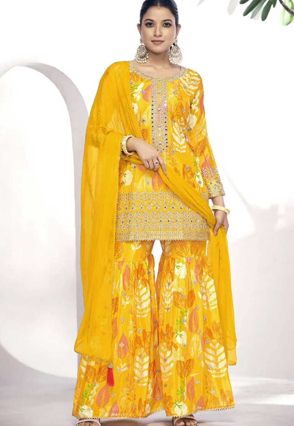Digital Printed Chinon Chiffon Pakistani Suit in Mustard