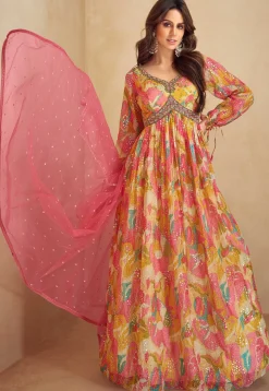 Digital Printed Chinon Chiffon Abaya Style Suit in Multicolor