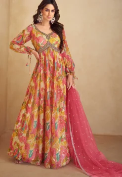 Digital Printed Chinon Chiffon Abaya Style Suit in Multicolor